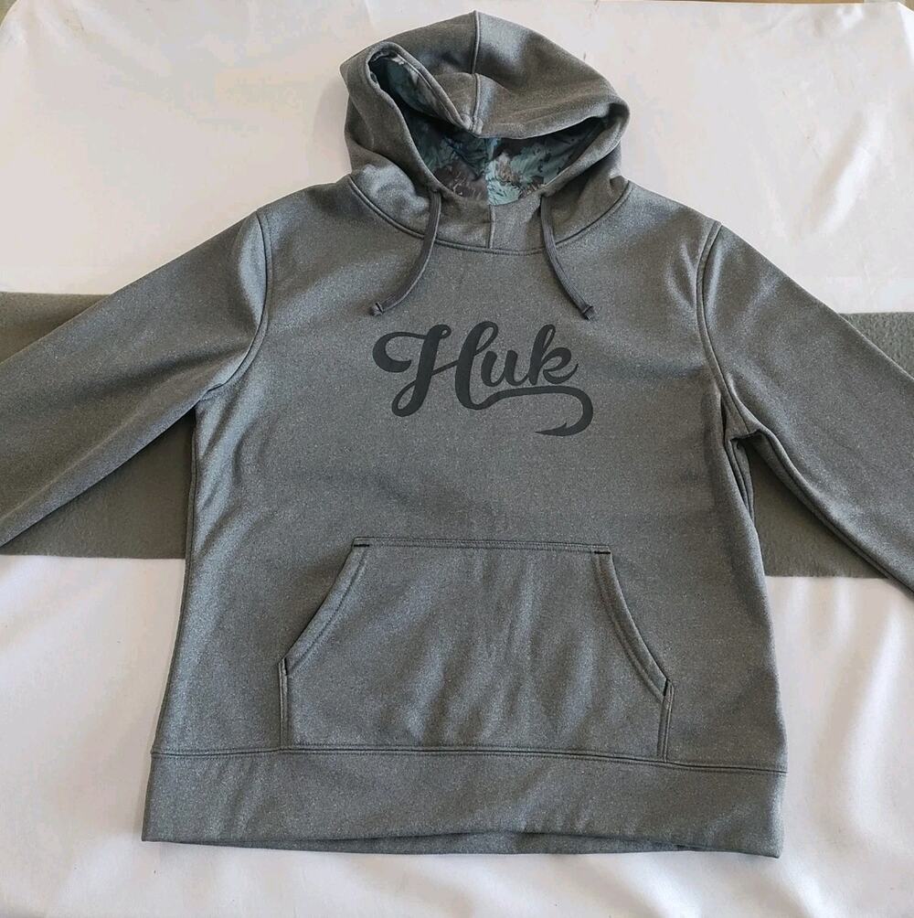 HUK Performance Fishing Men’s M Gray Pullover Hoodie Jacket Outdoor Fleece Lined